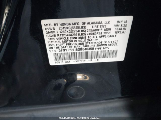 5FNYF5H16GB040350 Honda PILOT LX