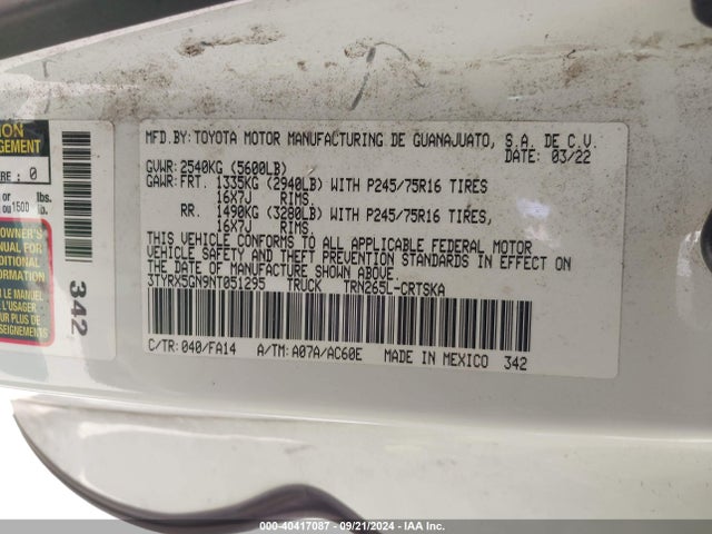 Toyota Tacoma Sr 2022 3TYRX5GN9NT051295 Image 9