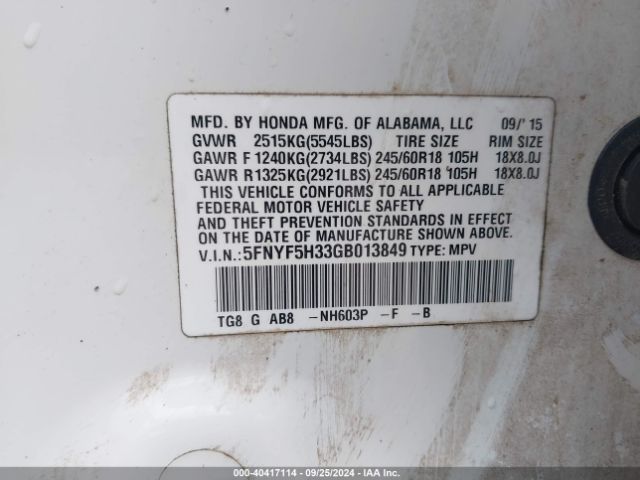 5FNYF5H33GB013849 Honda Pilot Ex