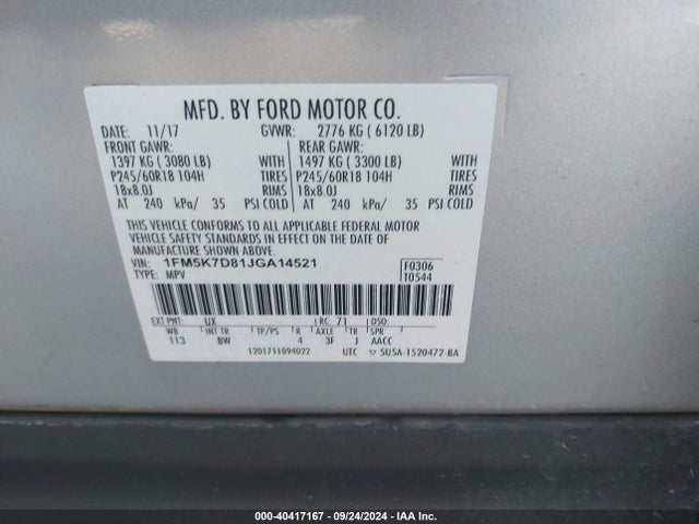 Продаж на аукціоні авто 2018 Ford Explorer Xlt, vin: 1FM5K7D81JGA14521, номер лоту: 40417167