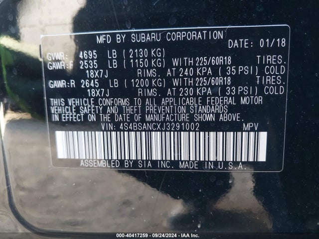 Subaru Outback 2.5i Limited 2018 4S4BSANCXJ3291002 Image 9