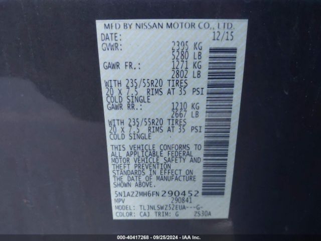 5N1AZ2MH6FN290452 Nissan Murano Platinum