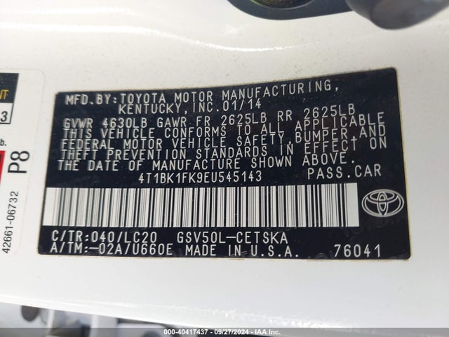 4T1BK1FK9EU545143 Toyota Camry Se V6