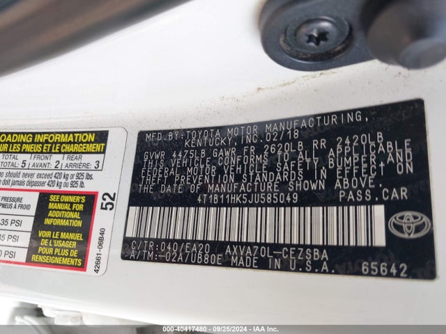 Toyota CAMRY SE 2018 4T1B11HK5JU585049 Image 9