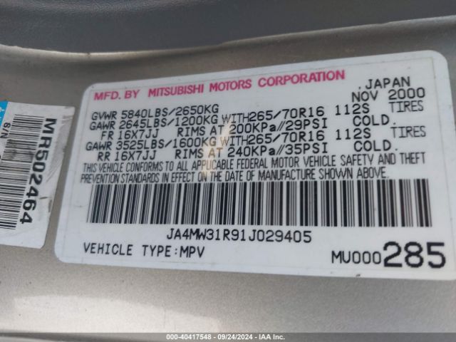 2001 MITSUBISHI MONTERO JA4MW31R91J029405 Photo 8
