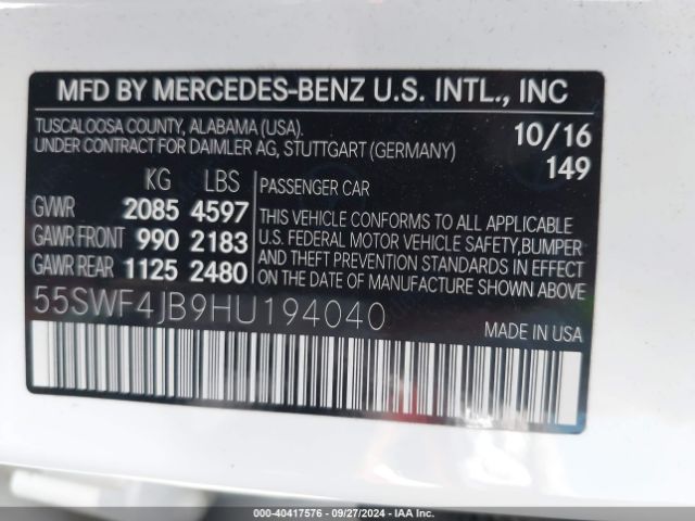 55SWF4JB9HU194040 Mercedes-Benz C 300 Luxury/sport