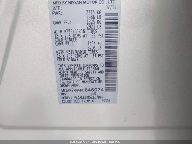 Nissan Pathfinder Sv 2015 5N1AR2MN4FC646074 Image 9