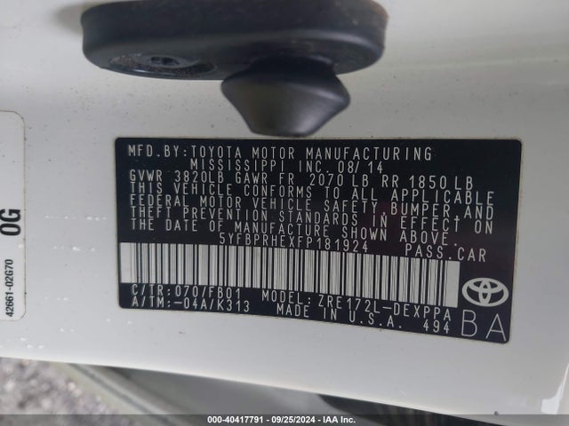 Toyota Corolla Le Eco Plus 2015 5YFBPRHEXFP181924 Image 9