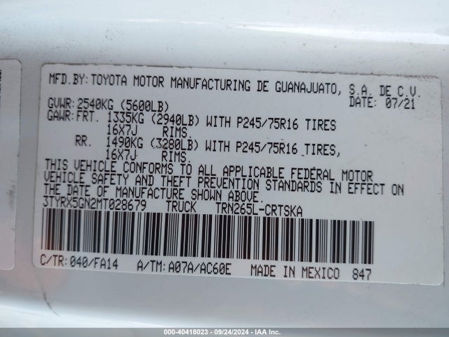 Toyota Tacoma Sr 2021 3TYRX5GN2MT028679 Image 9