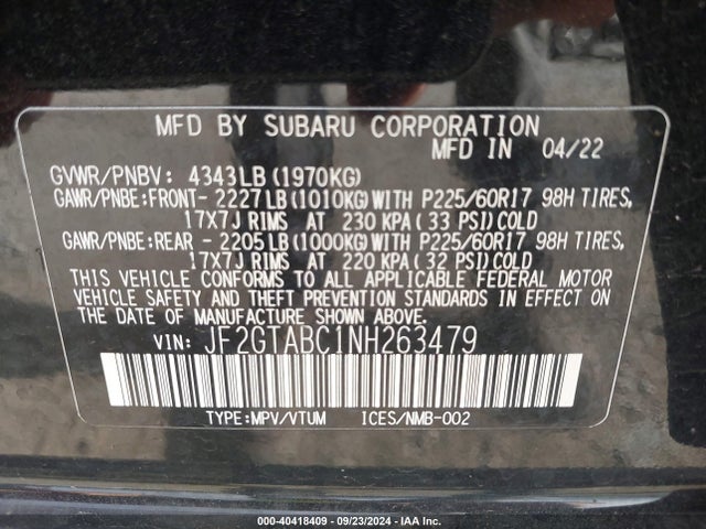 Subaru Crosstrek 2022 JF2GTABC1NH263479 Image 9