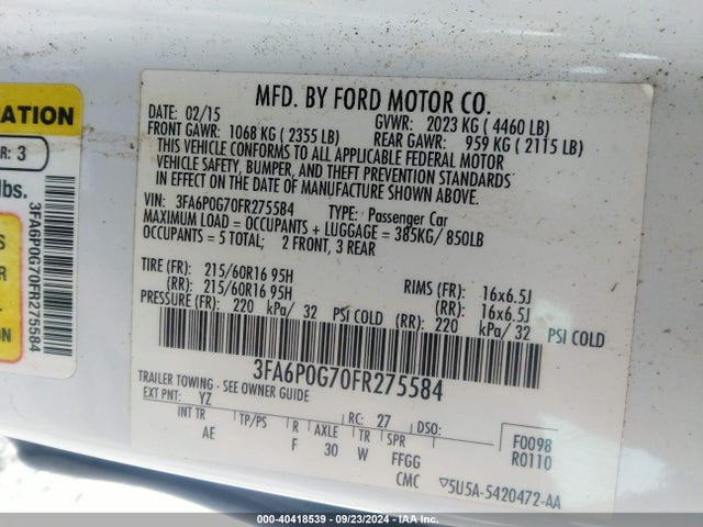 3FA6P0G70FR275584 Ford FUSION S