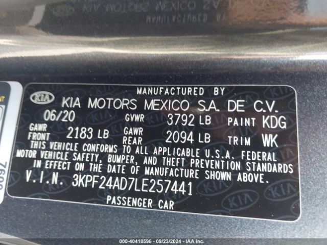 3KPF24AD7LE257441 KIA FORTE FE