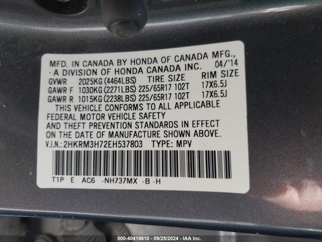 Honda Cr-v Ex-l 2014 2HKRM3H72EH537803 Image 9