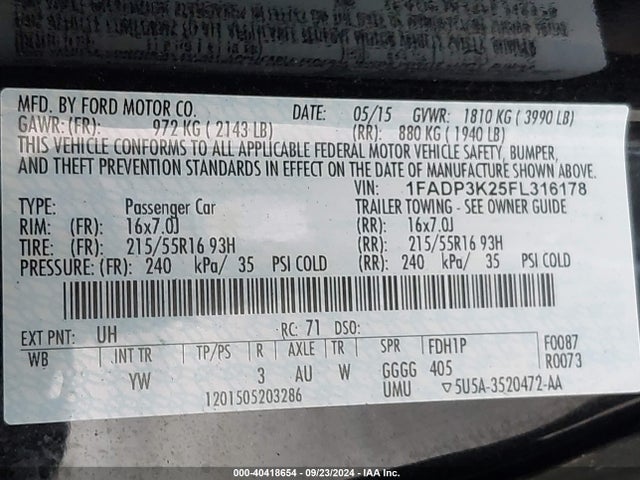 Ford FOCUS SE 2015 1FADP3K25FL316178 Image 9
