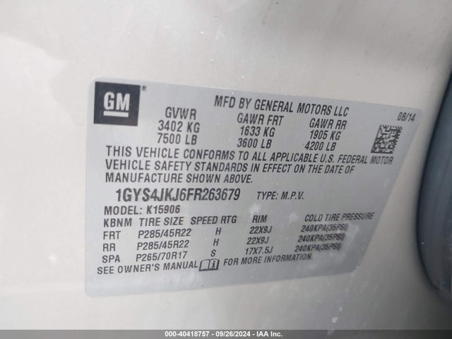 1GYS4JKJ6FR263679 Cadillac Escalade Esv Premium