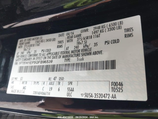 Ford F-150 Xlt 2016 1FTEW1EP5GFB96539 Image 9