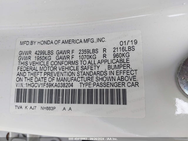 Honda Accord Ex-l 2019 1HGCV1F59KA038204 Image 9
