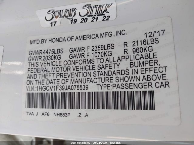 1HGCV1F39JA075539 Honda Accord Sport