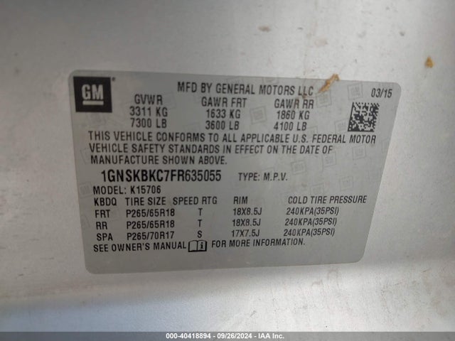 Chevrolet Tahoe Lt 2015 1GNSKBKC7FR635055 Image 9