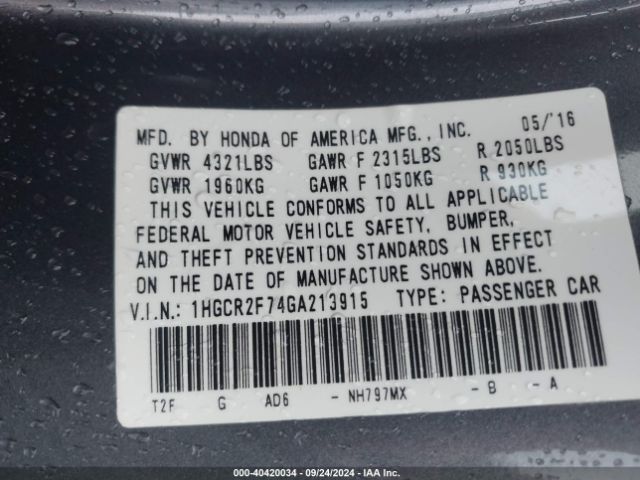 1HGCR2F74GA213915 Honda ACCORD EX
