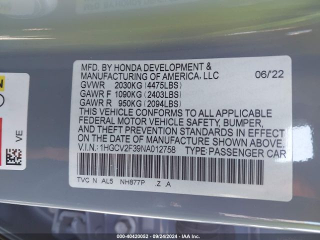 1HGCV2F39NA012758 Honda Accord Sport 2.0t