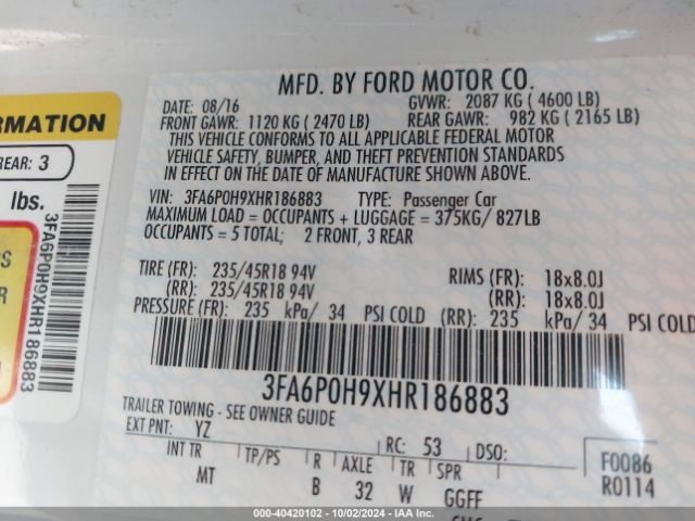 3FA6P0H9XHR186883 Ford FUSION SE