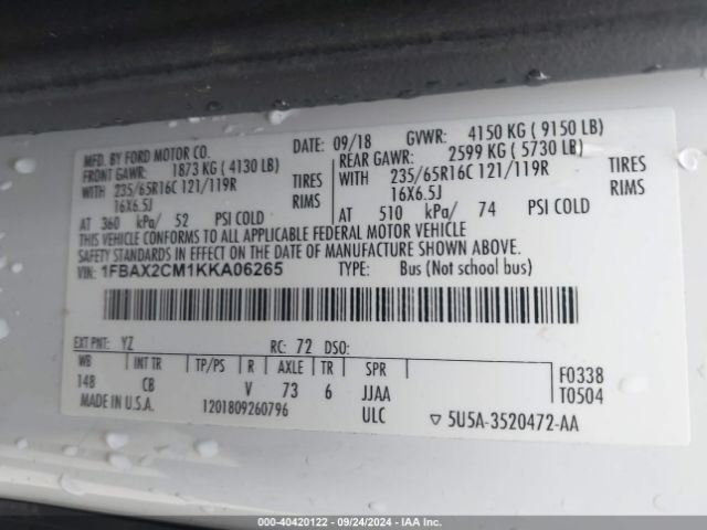 1FBAX2CM1KKA06265 Ford Transit-350 Xlt