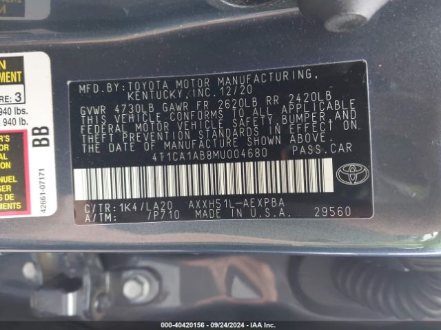 4T1CA1AB8MU004680 Toyota Avalon Limited Hybrid