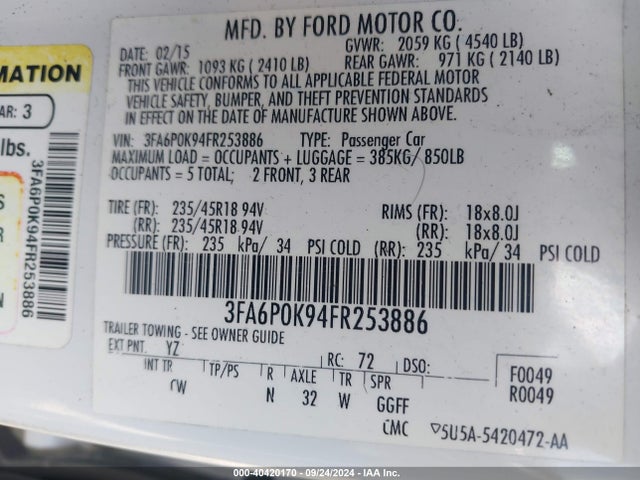 Ford Fusion Titanium 2015 3FA6P0K94FR253886 Image 9