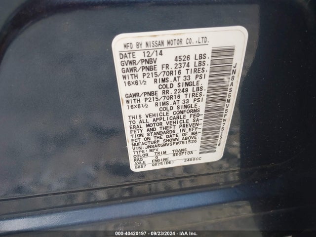Nissan Rogue Select S 2015 JN8AS5MV5FW751526 Image 9