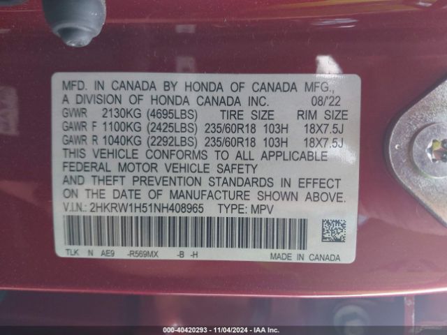 2HKRW1H51NH408965 Honda Cr-v 2wd Ex