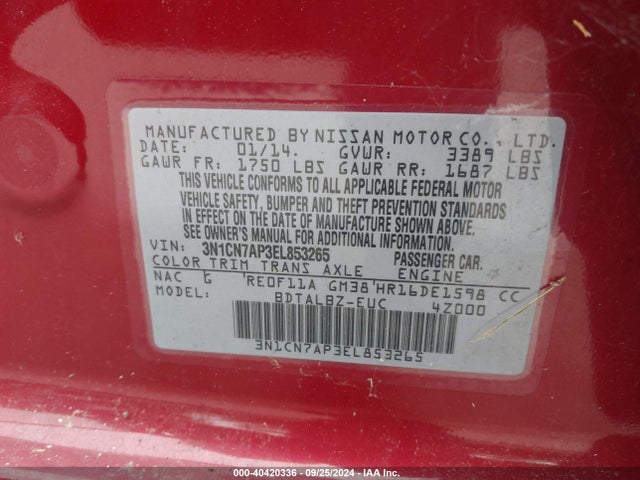 Nissan Versa 1.6 Sv 2014 3N1CN7AP3EL853265 Image 9