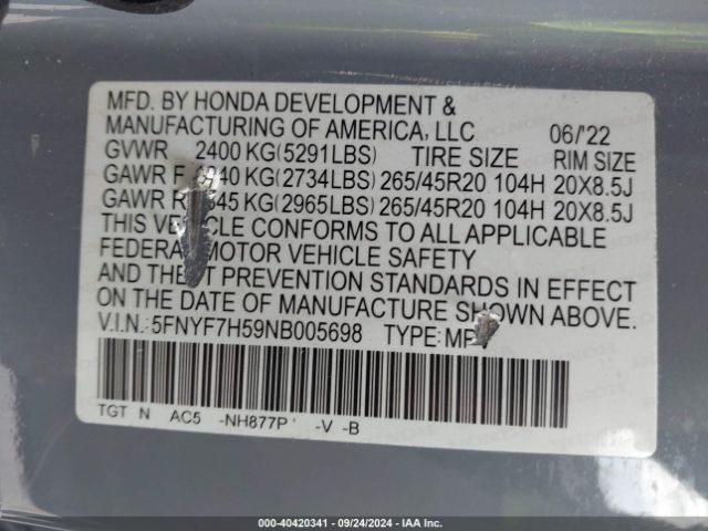 5FNYF7H59NB005698 Honda Passport 2wd Ex-l
