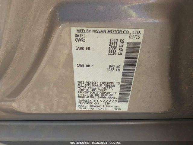 Nissan Altima 2.5 S 2015 1N4AL3AP3FC577725 Image 9