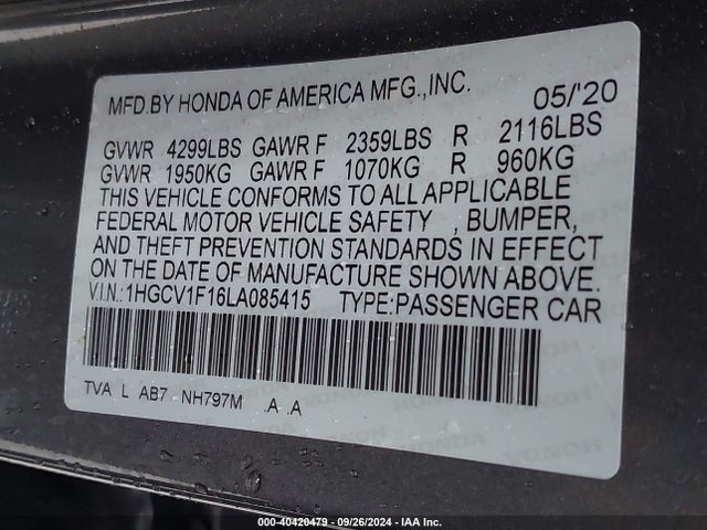 Honda ACCORD LX 2020 1HGCV1F16LA085415 Image 9