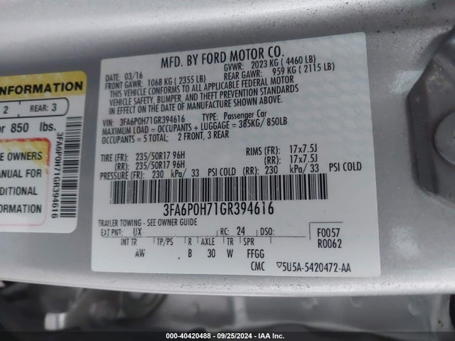 Ford FUSION SE 2016 3FA6P0H71GR394616 Image 9