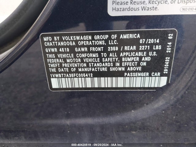 2015 Volkswagen Passat 1.8t Se მანქანა იყიდება აუქციონზე, vin: 1VWBT7A35FC005412, აუქციონის ნომერი: 40420519