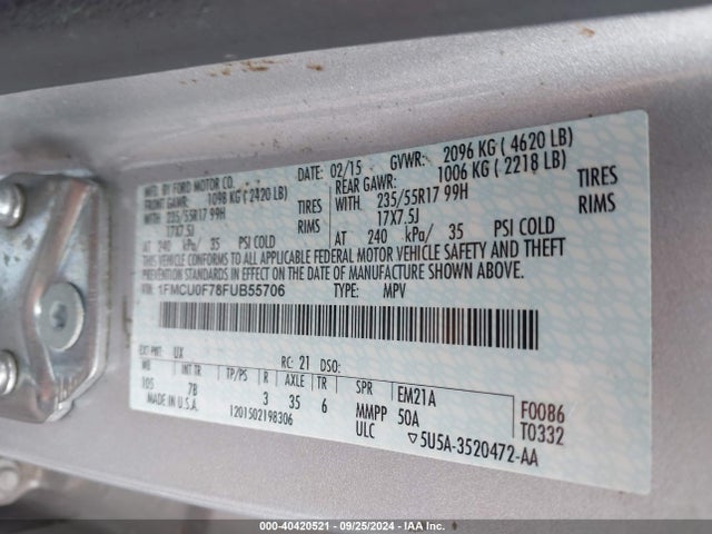 Ford ESCAPE S 2015 1FMCU0F78FUB55706 Image 9