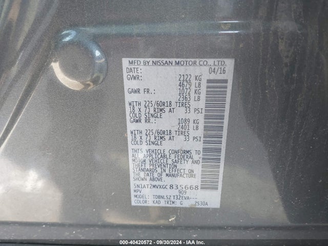Nissan Rogue Sl 2016 5N1AT2MVXGC835668 Image 9