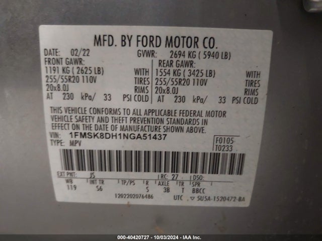 Ford EXPLORER XLT 2022 1FMSK8DH1NGA51437 Image 9