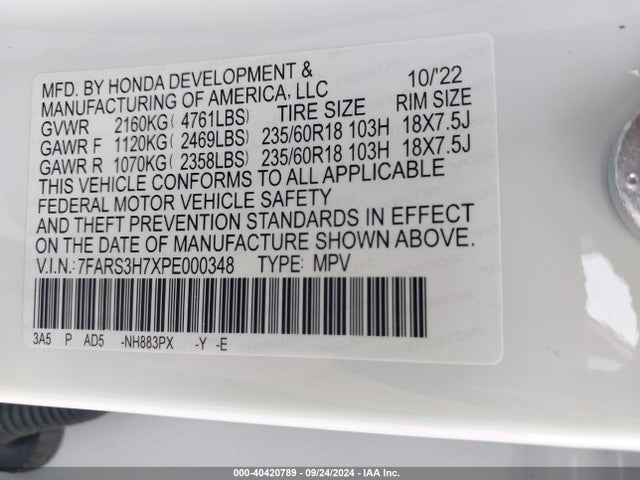 Honda Cr-v Ex-l 2wd 2023 7FARS3H7XPE000348 Image 9