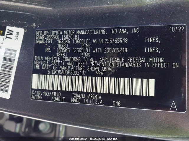 Toyota Highlander Xle 2023 5TDKDRAH0PS003137 Image 9