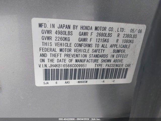 40420908 :رقم المزاد ، JH4KB16566C009951 vin ، 2006 Acura Rl 3.5 مزاد بيع