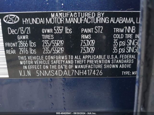 5NMS4DAL7NH417426 Hyundai Santa Fe Limited