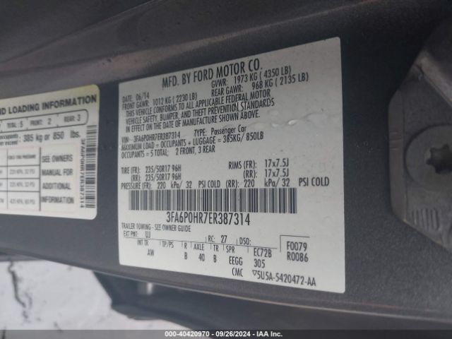 3FA6P0HR7ER387314 Ford FUSION SE