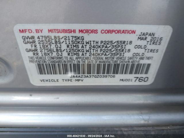JA4AZ3A37GZ039706 Mitsubishi Outlander Es