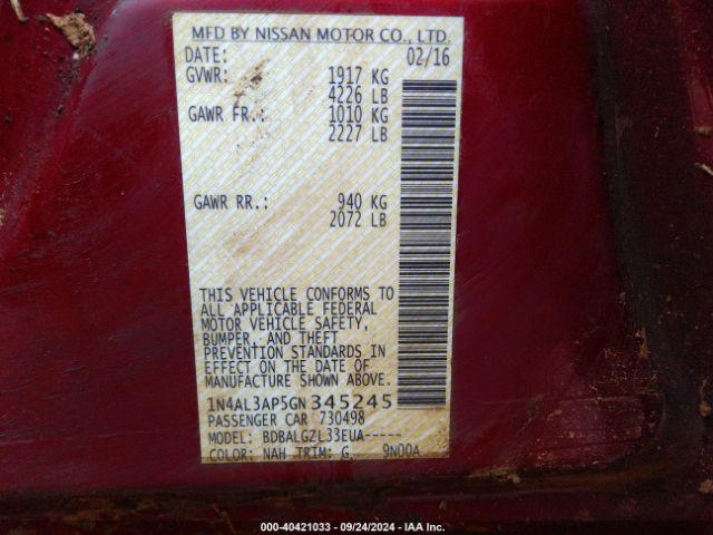1N4AL3AP5GN345245 Nissan Altima 2.5/2.5 S/2.5 Sl/2.5 Sr/2.5 Sv
