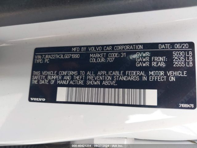 7JRA22TK3LG071990 Volvo S60 T6 Momentum