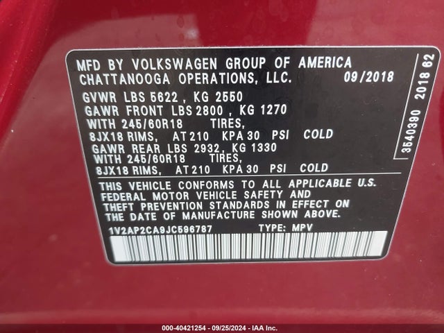 1V2AP2CA9JC596787 Volkswagen Atlas 2.0t S