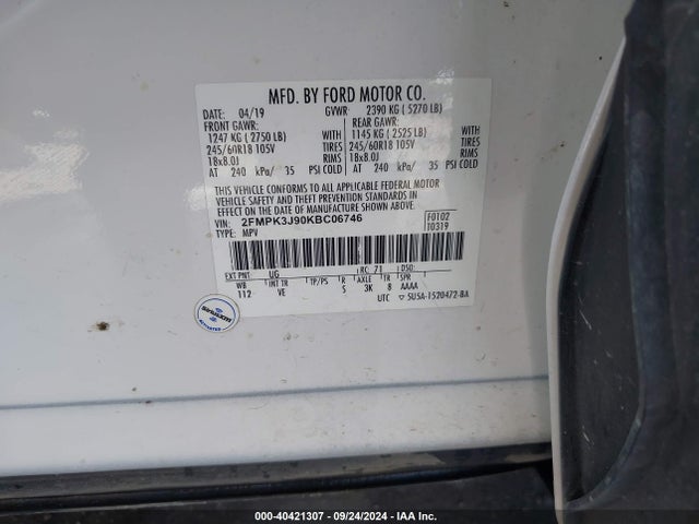 Ford EDGE SEL 2019 2FMPK3J90KBC06746 Image 9